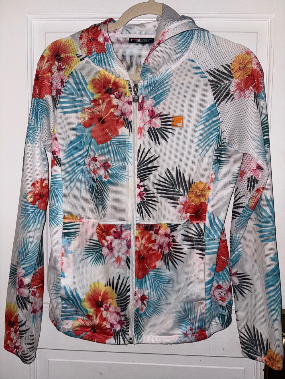 Fila White Floral Mesh Bomber Jacket with Multicolor Hibiscus